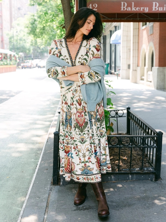 FARM Rio Dresses & Skirts - FARM Rio Cream Floral V-Neck Long-Sleeve Maxi Dress